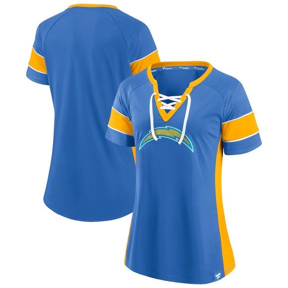 NFL Los Angeles Chargers Women's Lace Up Raglan Top XL Blue Gold Sparkle NWOT - Picture 1 of 8